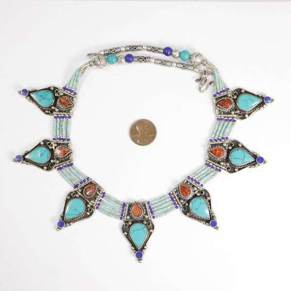 Necklace, Tibetan/Nepalese Silver with Turquoise & Coral Chip Inlay, Only 1 Available