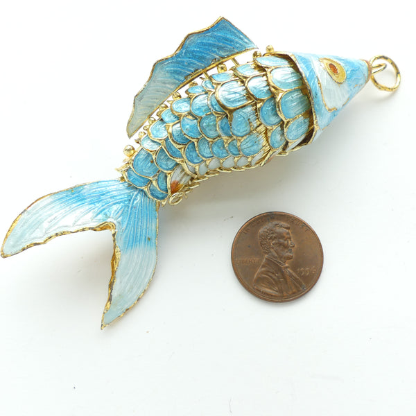 Cloisonne, Vintage Giant Articulated Fish Pendant/Ornament, Light Turqoise, 80mm Long