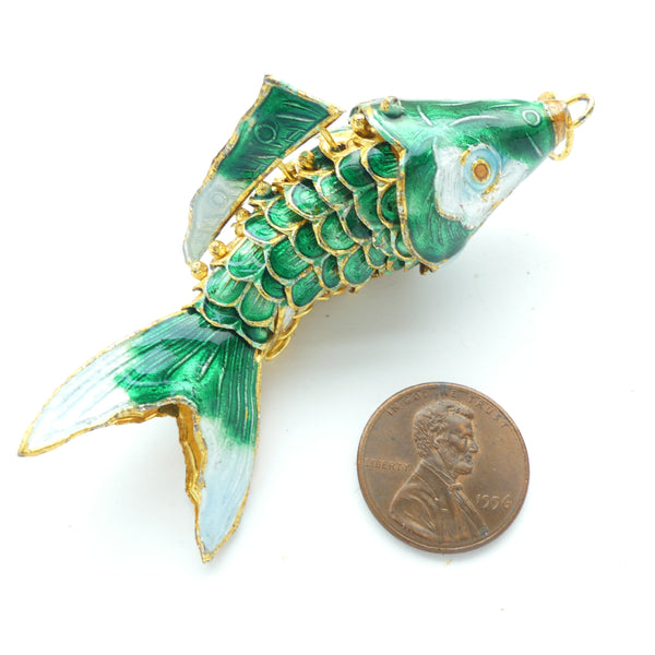 Cloisonne, Vintage Extra Large Articulated Fish Pendant, Dark Green, 70mm Long, Sold Individually