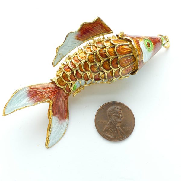 Cloisonne, Vintage Giant Articulated Fish Pendant/Ornament, Orange, 80mm Long