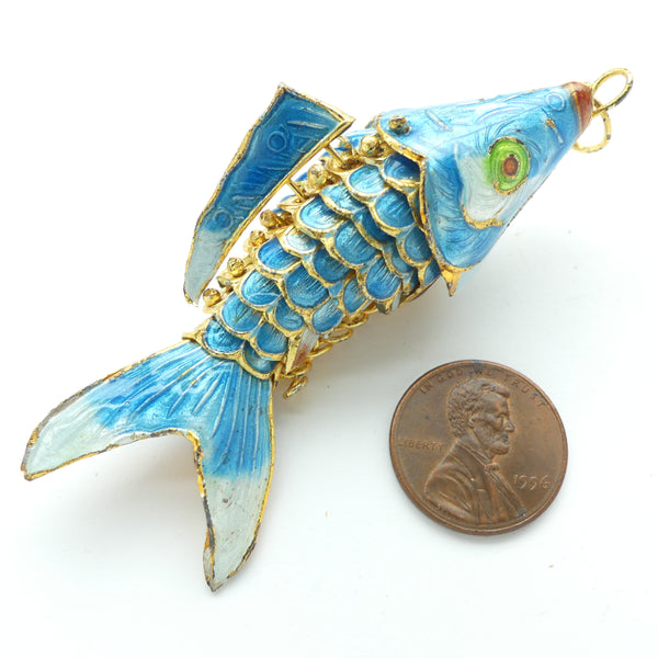 Cloisonne, Vintage, Large Articulated Fish Pendant/Ornament, Turquoise 70mm Long,