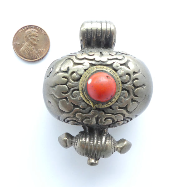Himalayan Gau, Antique Large Silver & Brass Amulet Case with Coral Cabochon, 50x65mm