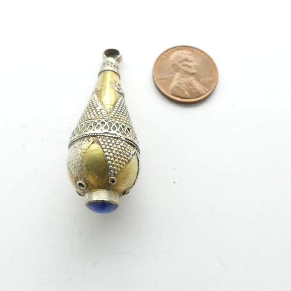 Turkoman Teardrop Shape Pendant with Lapis Cabochon on the Bottom, 45mm long