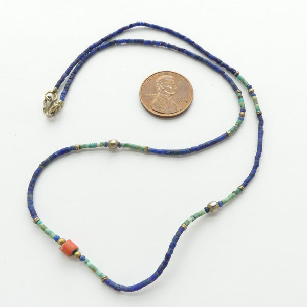 Lapis and Turquoise Micro Beads with Coral, 16-inch Strands