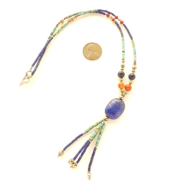 Necklace, Micro Beads Natural Lapis, Turquoise, Carneliand & Glass, 22 Inches w/ Tassels