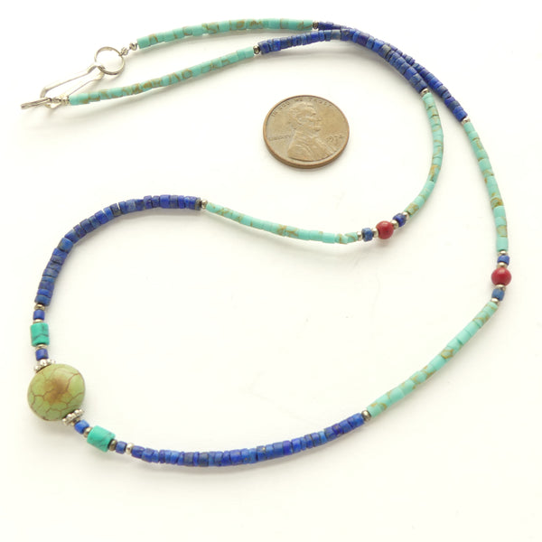 Necklace, Micro Beads of Lapis and Turquoise with Green Turquoise Center, 18 inches Long