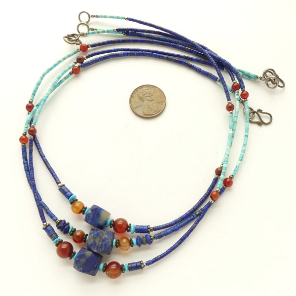 Necklace, Micro Beads of Natural Lapis and Turquoise with Lapis Cube Center, 17 inches long