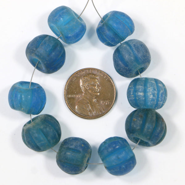 Indonesia, Melon Beads Aqua Translucent Glass, Matte, Oblate 12-15mm, Sold in Sets of 10