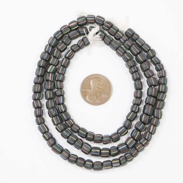 Indonesia, Small Spacer Beads, Matte Black with Extra Fine Multicolor Stripes, 23-inch Strands