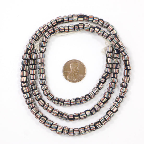 Indonesia, Small Spacer Beads, Matte Black with Multicolor Stripes, 5-7mm Diameter on 23-inch Strands