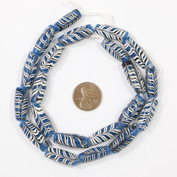 Indonesia, Blue and White New Venetian Style Feathered Beads 22x10mm on 18-inch Strands