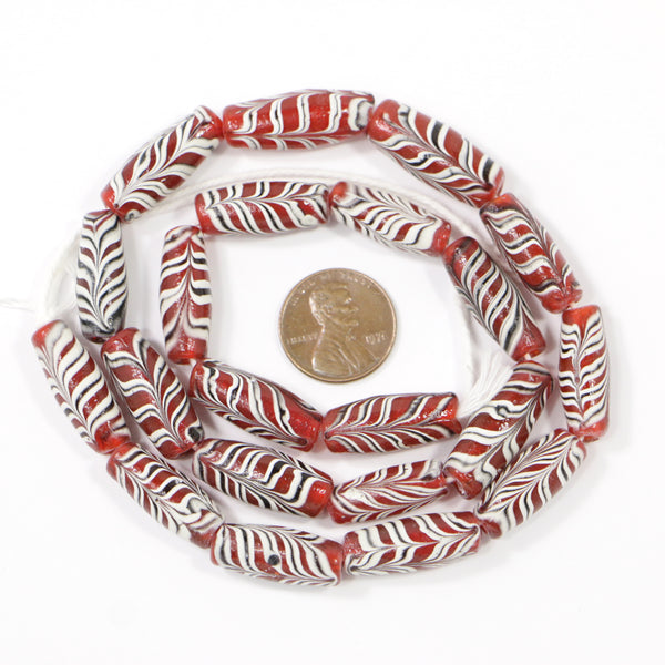 Indonesia, Red Feathered Beads, Oval 21x9mm Decorated in White & Blue, on 21-inch Strands