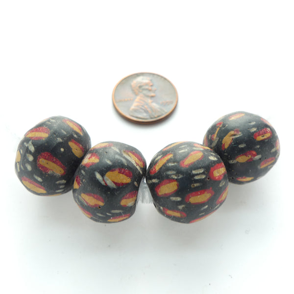 Indonesia, Jatim Replica Bead 12x17mm, Black w/ Brick, Amber & White Decor, Sold Individually
