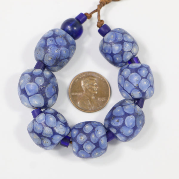 Indonesia, Blue & White Large Oblate Beads 16x18mm, Mosaic Design, Sold in Sets of 5