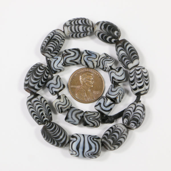Indonesia, Designer Set of Wavy and Feathered Beads in Black & Grey, Set of 22 Beads