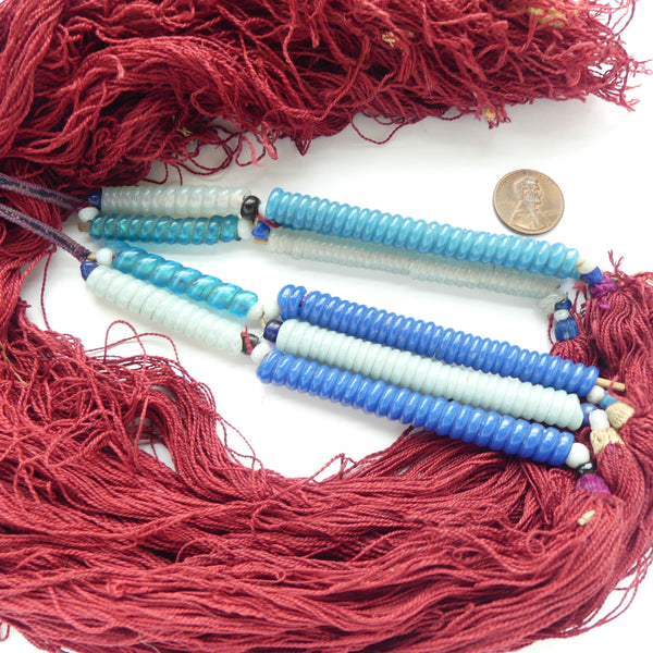 Coil Beads, Vintage Chinese, White and Turquoise in 1.5 and 3 inch Lengths with Red Cotton Threads