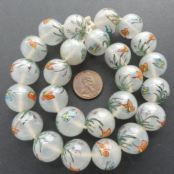 Hollow Vintage Inside Painted Glass Beads, Round with Butterflies and Orchids, 16mm Diameter, Sets of 2