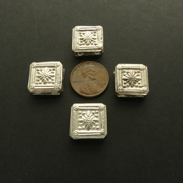 Silver, Afghan, Vintage Square Two-Hole Beads, Repousse Compass Points, Sold Individually