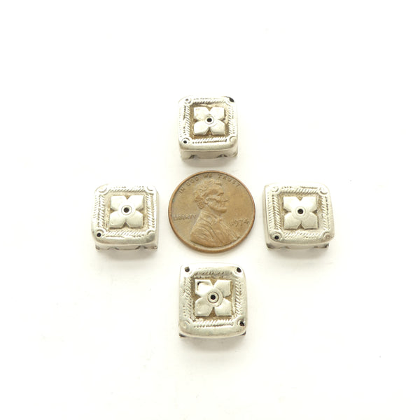 Silver, Afghan, Vintage Square Two-Hole Beads, Repousse Flower Design, 15mm, Sold Individually