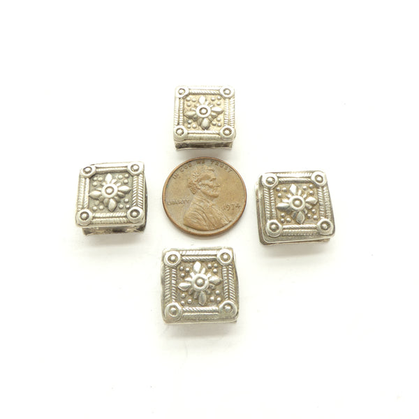 Silver, Afghan, Vintage Square Two-Hole Beads, Compass Design, 15mm, Sold Individually