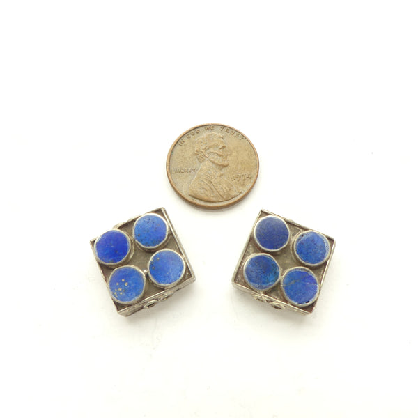 Silver Spacer Beads Set with Lapis Cabochons, Made in Afghanistan, Sold Individually