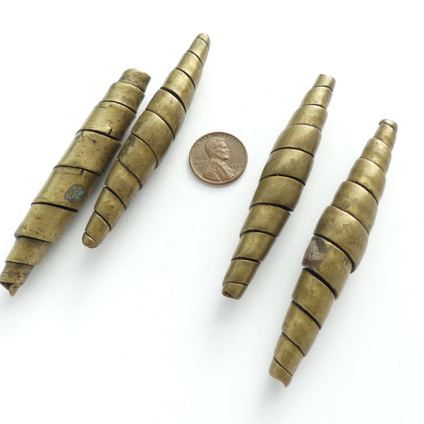Brass, Very Large Beautifully Elongated Spiral Beads, At Least 3 inches Long, Sold Individually