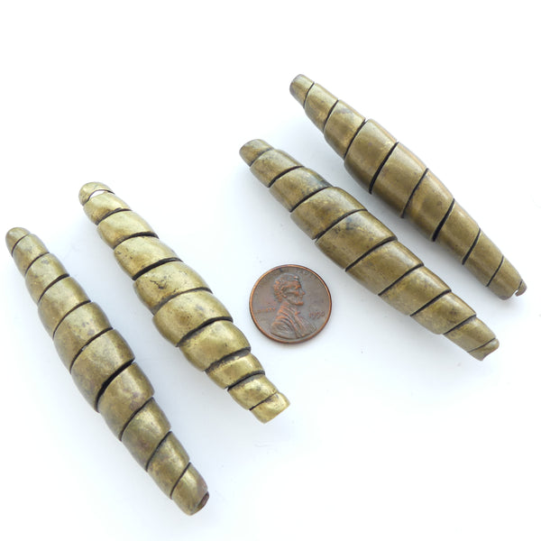 Brass, Large and Rare Adivasi Spiral Beads, 3 inches long by 1/2 inch Diameter, Sold Individually