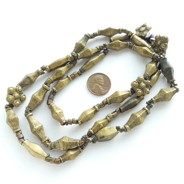 Brass, Gond Necklace of Collared, Faceted Oval Beads about 6x20mm & More, 34-inch Strand