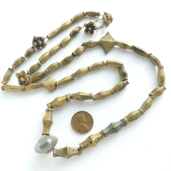 Brass, Antique Beads Mostly Tapered Ovals, Button/Pendants & 1 Aluminum Bead, 29-inch Stramd