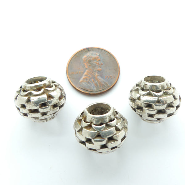 Indian Silver, Antique Large Hole "Building Block" Design Oblate Beads, 12x18mm, Sold Indivudually