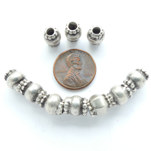Indian Silver, Vintage Oblate Beads with Beaded Collars, 10x8mm