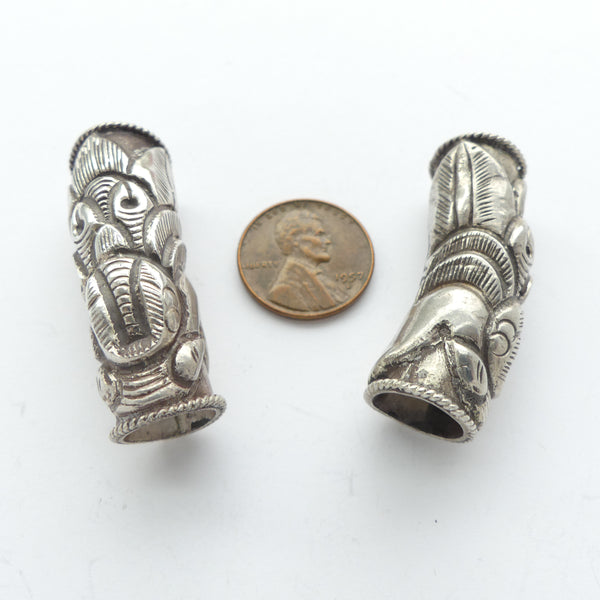 Indian Silver, Hollow Curved Cylinder Beads Repousee Elephant Design, 40x12mm, Sold as a Pair