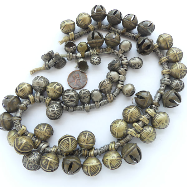 Bells & Spacers, Strand of Chin Antique Bells & Spacers from Myanmar (Burma), 21 inches long