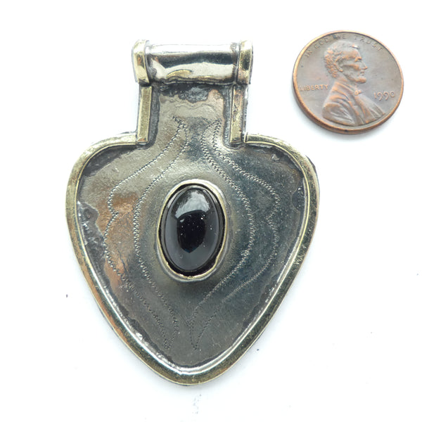 Turkoman Style Heart Shape Pendant with Black Glass Cabochon, 40x57mm