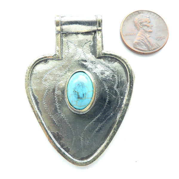 Turkoman Style, Heart Shape Pendant with Dyed Turquoise Cabochon, 40x57mm