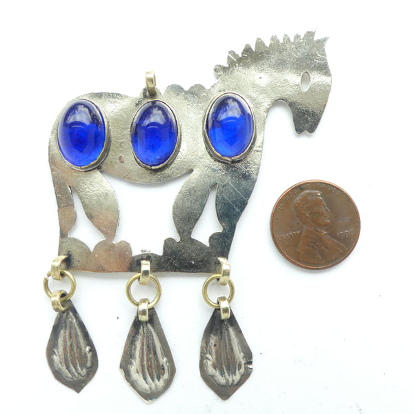 Turkoman Style Silver Horse Pendant with 3 Blue Glass Cabochons, 60mm long
