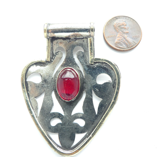 Turkoman Style Heart Shaped Openwork Pendant with Red Glass Cabochons, 45x60mm