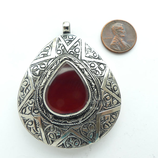 Afghan Pendant, Teardrop Shape White Metal with Carnelian, 2x2.5 inches