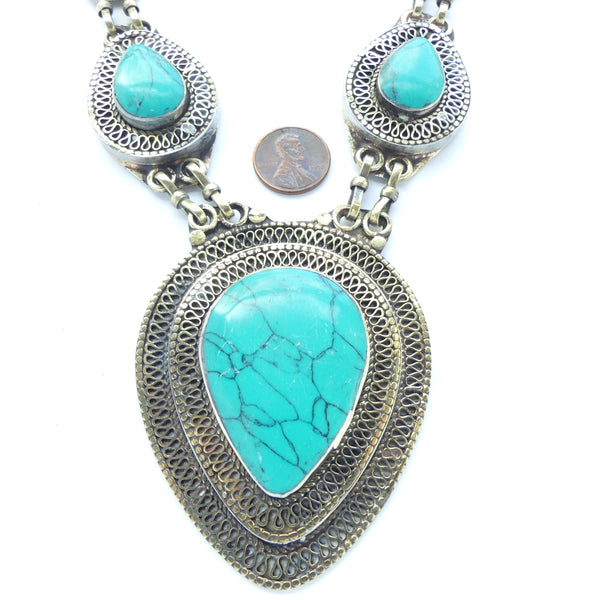 Afghan Necklace/Pendants, Silver with Dyed Turquoise, Largest Pendant 63x79mm