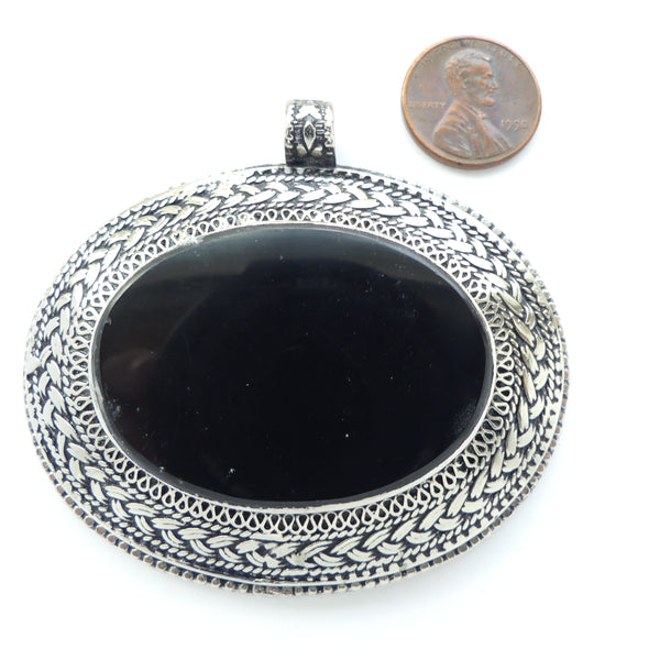 Afghan Contemporary Large Pendant, Oval with Black Onyx, 3x2.5 inches including loop