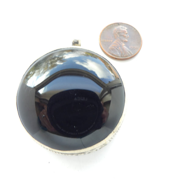 Afghan Contemporary Pendant, Round Black Onyx with Stamped Silver Bezel, 40mm Diameter