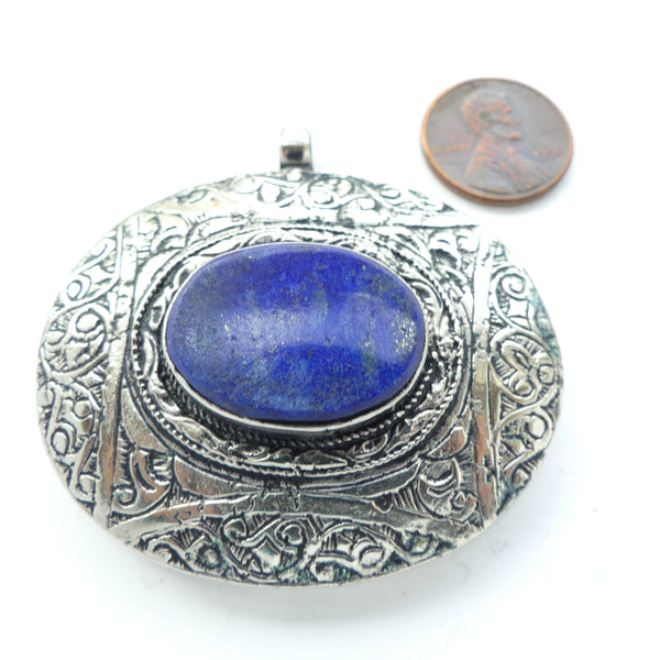 Afghan Contemporary Pendants, Oval White Metal with Oval Lapis Stone, 2.25x2 inches