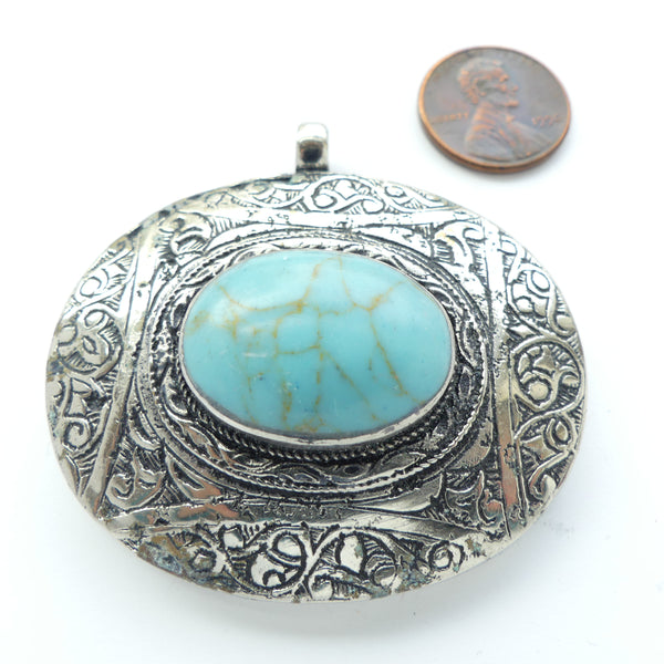 Afghan Contemporary Oval Pendant with Holite Dyed Turquoise Stone,