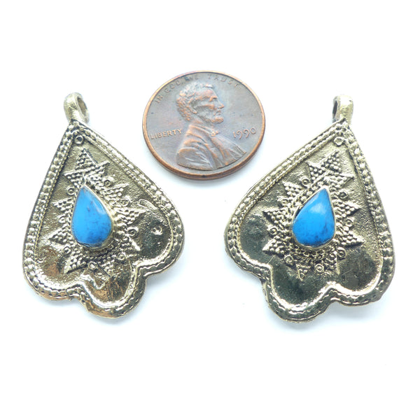 Turkoman Style Small Brass Pendant with Turquoise Resin Drop, 23x33mm, Sold Individually