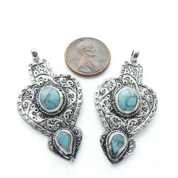 Turkoman Style Small Silver Heart Pendant with Faux Turquoise Cabs, 24x44mm Sold Individually