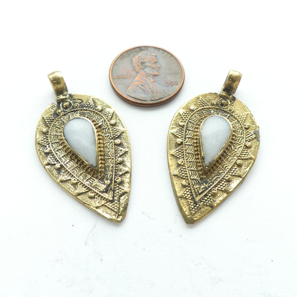 Turkoman Insipired Mini Brass Pendants with White Stones, 38mm Long, Sold Individually