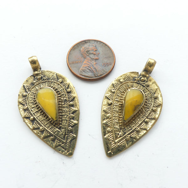Turkoman Inspired Mini Brass Pendants with Yellow Stones, 38mm Long, Sold Individually