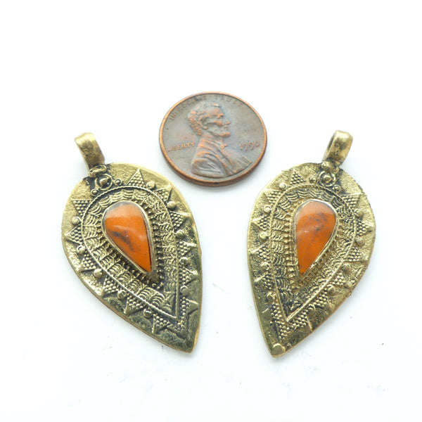 Turkoman Inspired Mini Brass Pendants with Coral Color Cab, 38mm Long Sold Individually