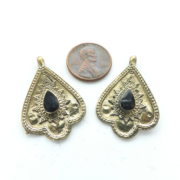 Turkoman Style Pendant, Small Brass with Black Drop at Center, 23x33mm, Sold Individually