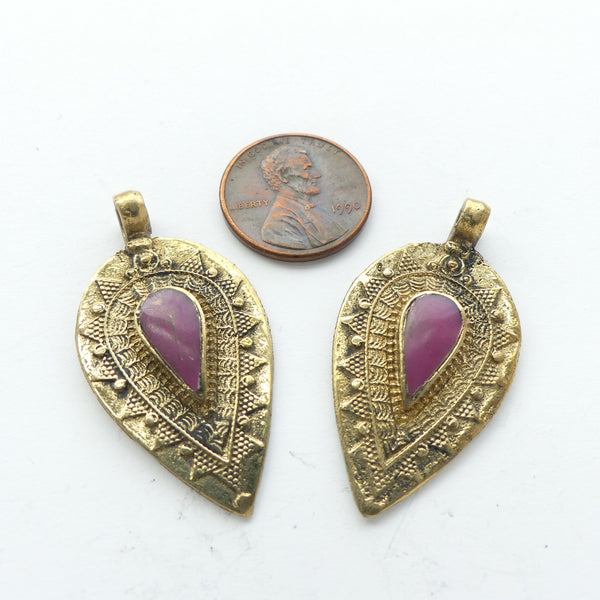 Turkoman Inspired Mini Brass Pendants with Red Stones, 38mm long, Sold Individually